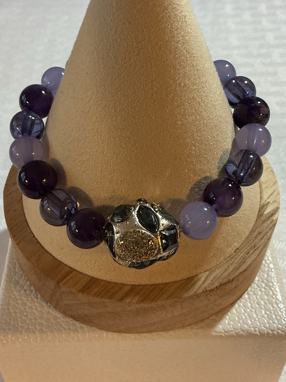 Lab Created Amethyst and Purple Glass Bead Gold Tone Charm Stretch Bracelet